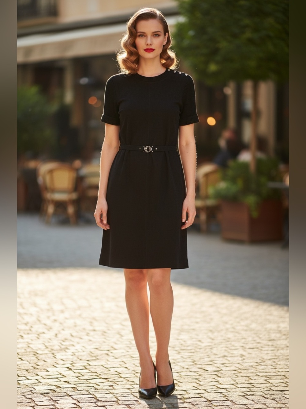 Louis Vuitton Black Short-Sleeve Belted Dress with Shoulder Buttons